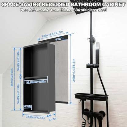 304 Stainless Steel Shower Niche Insert-24 x 12" No Tile Needed Bathroom Niche for Shower Wall-Double Shelves Built in Shower Shelf-Waterproof Recessed Cabinet for Bathroom Living Room Study Kitchen