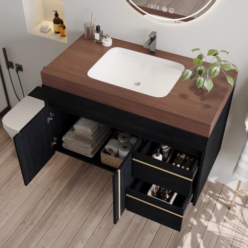 36" Wall-Mounted Bathroom Vanity with Sink, Floating Vanities Cabinet with Ceramic Basin Combo, Faux Marble Top Bathroom Sink Cabinet with 2 Doors and 2 Drawers, Plywood Frame, Walnut - color: Walnut