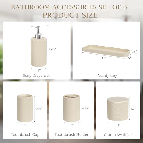 6-Piece Beige Bathroom Set - Mesh Textured Resin Bathroom Accessories Set with Soap Dispenser, Toothbrush Holder, Cup, Vanity Tray & Apothecary Jars for Small Spaces - color: Beige - Mesh Textured