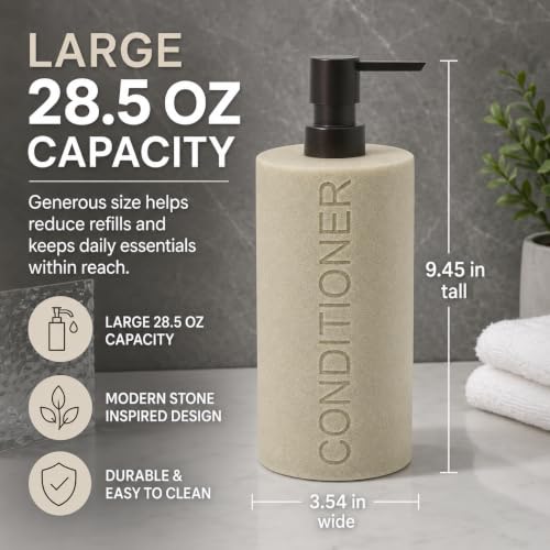 Resin Tan Sandstone Conditioner Engraved Bottle Refillable Pump Dispenser, Durable Waterproof Resin Construction for Bath, Shower - Tan Sandstone ORB Pump - color: Tan Sandstone Resin, Orb Pump - Conditioner