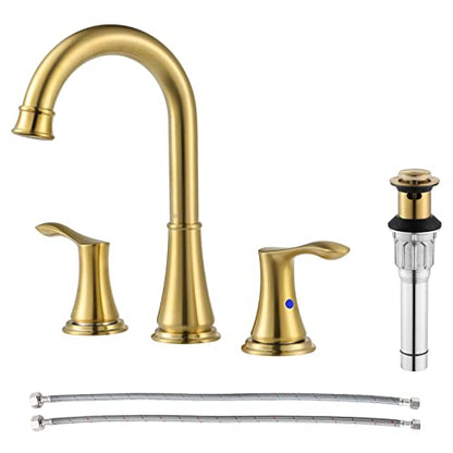 Brushed Gold Widespread Bathroom Sink Faucet 8 Inch for Vanity | with All Metal Pop Up Drain, High Arc 2 Handle Lead-Free Deck Mount Bathroom Faucet for 3 Hole Lavatory Utility Sink - color: Brushed Gold