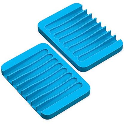 ZAPPOWARE Self Draining Soap Dish for Bar Soap - Pack of 2 Blue Silicone Waterfall Drain Soap Savers for Shower, Bath, Kitchen Countertop - color: Blue