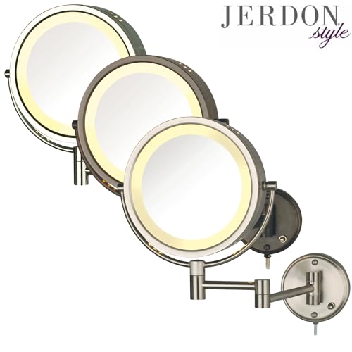 JERDON Lighted Wall-Mount Makeup Mirror - 8X - Bronze - HL75BZ | 8.5" Diameter, 13.5" Wall Arm, LED Lighting, Corded Plug-In Power