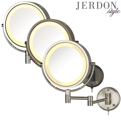JERDON Lighted Wall-Mount Makeup Mirror - 8X - Bronze - HL75BZ | 8.5" Diameter, 13.5" Wall Arm, LED Lighting, Corded Plug-In Power