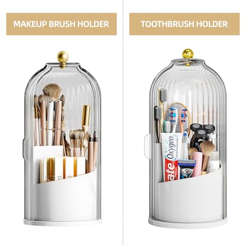 Dustproof Toothbrush Holder with Lid, 360 Rotating Countertop Electric Toothbrush Toothpaste Holders with Cover for Bathroom, 3 Slots Makeup Brush Holder with Lid for Vanity, White-Clear - color: White with Clear Lid