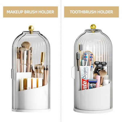 Dustproof Toothbrush Holder with Lid, 360 Rotating Countertop Electric Toothbrush Toothpaste Holders with Cover for Bathroom, 3 Slots Makeup Brush Holder with Lid for Vanity, White-Clear - color: White with Clear Lid
