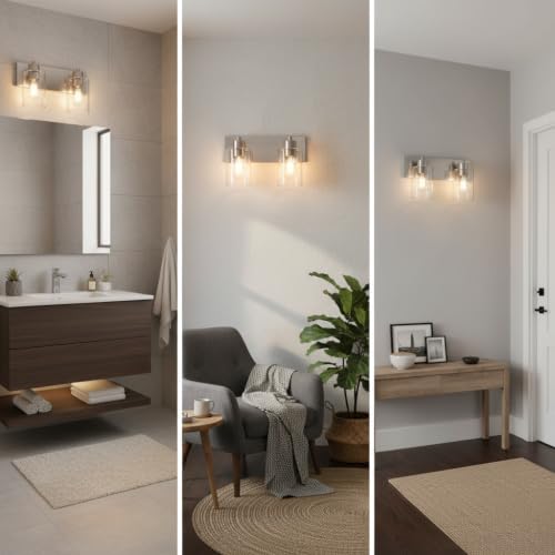 2-Light Brushed Nickel Bathroom Vanity Lights, Clear Glass | Brushed Nickel Metal Frame,Up/Down Wall Mount,cylinder Glass Shade,Kitchen Hallway Bedroom Indoor Use,Easy Install,E26 Base - size: 2-light