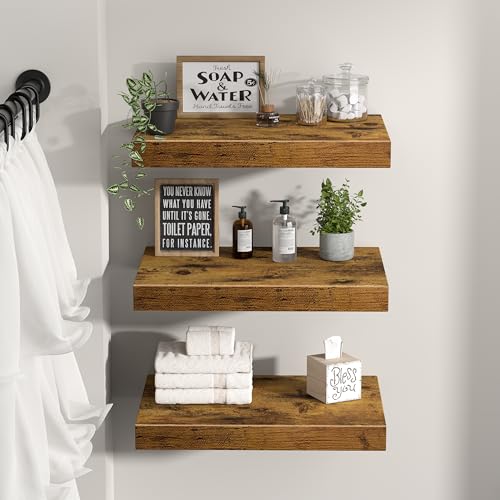 QEEIG 10" Deep Floating Shelves for Wall - 10 x 16 inch Book Shelf Bathroom Bedroom Kitchen Living Room Hanging Bookshelf Farmhouse Set of 3, Rustic Brown (025-40BN3) - color: A. Brown, size: 15.7" x 10"