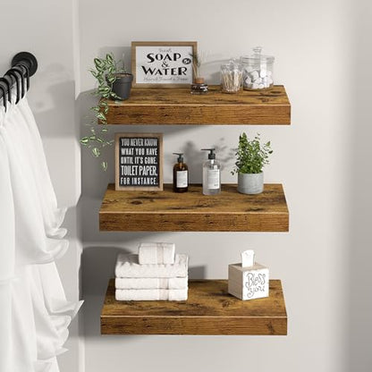 QEEIG 10" Deep Floating Shelves for Wall - 10 x 16 inch Book Shelf Bathroom Bedroom Kitchen Living Room Hanging Bookshelf Farmhouse Set of 3, Rustic Brown (025-40BN3) - color: A. Brown, size: 15.7" x 10"