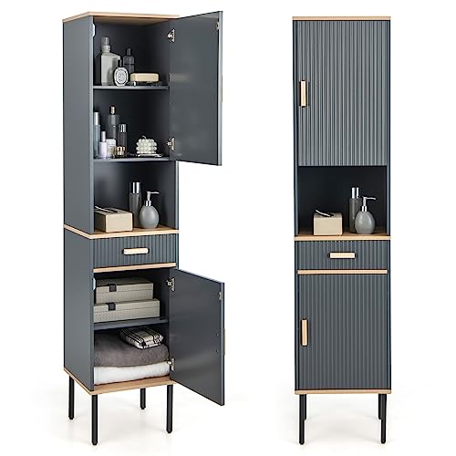 Tangkula Tall Bathroom Cabinet, Freestanding Storage Cabinet w/Doors Cabinet, Open Compartment & Drawer, Narrow Tower w/ 3-Position Adjustable Shelves, Anti-toppling Device & Metal Legs