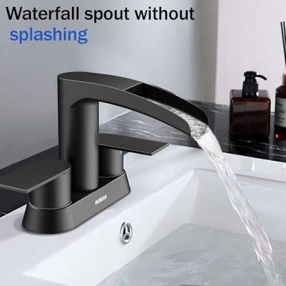 Bathroom Sink Faucet for 3 Hole, Hurran 4 Inch Bathroom Faucets with Pop-up Drain, Stainless Steel 2-Handle Waterfall Faucet for Bathroom Sink, Matte Black - color: Black