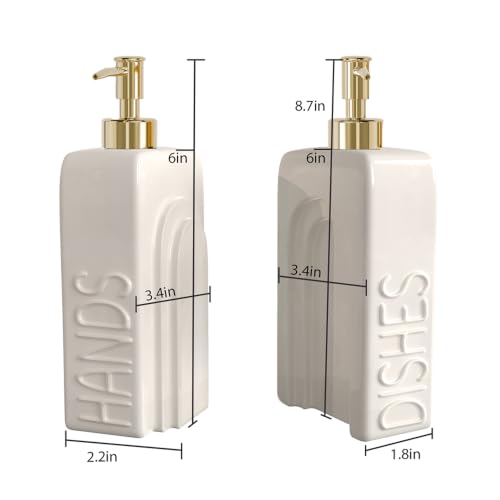 Ceramic Dish and Hand Soap Dispenser Set, 2 Pack with Stainless Steel Pump | Refillable bottles with an included funnel for easy refills and daily use, adding a stylish touch to kitchens and bathrooms. - color: Matte White, Gold Pump