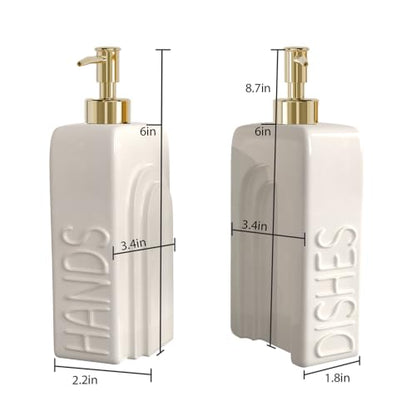 Ceramic Dish and Hand Soap Dispenser Set, 2 Pack with Stainless Steel Pump | Refillable bottles with an included funnel for easy refills and daily use, adding a stylish touch to kitchens and bathrooms. - color: Matte White, Gold Pump