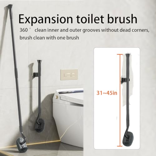 Wall Mounted 31-45 Inch Retractable Long Handle Toilet Brush with 2 Brush Heads (Silicone & Stiff Bristle) - Toilet Bowl Scrubber for Seniors, Pregnant Women, Back Pain Sufferers, Janitors