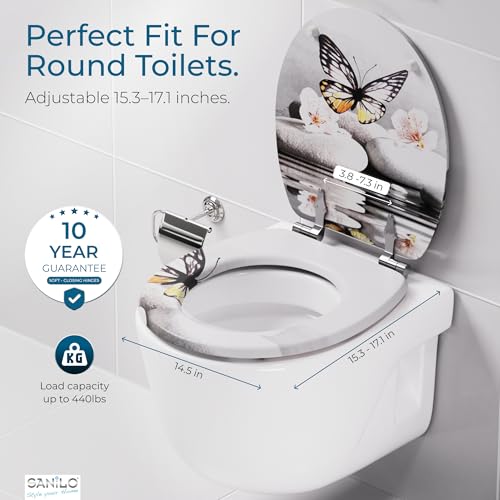 SANILO Wooden Toilet Seat with Soft Close [ROUND] - Decorative, Quiet & Slow Close Molded Wood Seat - With Strong Bumpers & Hinges - Adjustable Fit – Vanesa - color: Vanesa