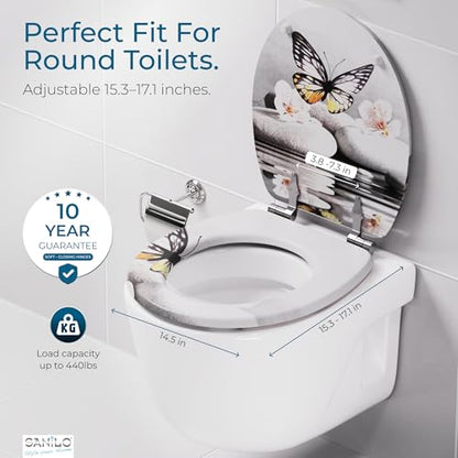 SANILO Wooden Toilet Seat with Soft Close [ROUND] - Decorative, Quiet & Slow Close Molded Wood Seat - With Strong Bumpers & Hinges - Adjustable Fit – Vanesa - color: Vanesa