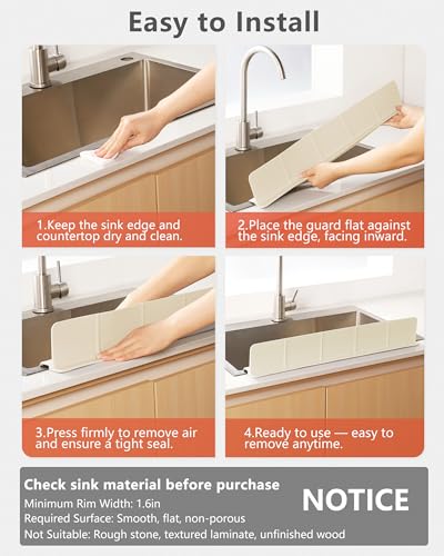 Kitchen Sink Splash Guard 18" 23" 30" Self-Draining Silicone Water Guard with High Splash Wall & Strong Suction Cups for Faucet, Countertop & Sink Edge, Keeps Sinks Dry, Dishwasher Safe,Cream - color: Cream, size: 18" x 3.5"