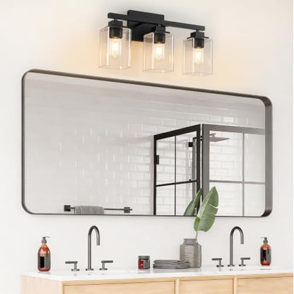 Matte Black Bathroom Vanity Light, 3-Light Modern Vanity Lighting Fixtures Over Mirror with Clear Glass Shade,Square Design,Wall Sconces for Living Room Cabinet Bedroom,E26 Socket - size: 3-Light