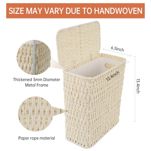 Coeusy 3 Gallon Paper Rope Bathroom Trash Can,Small Wicker Trash Cans with Lid and Liner,Woven Rattan Narrow Waste Basket for Bedroom,Office,White - color: White