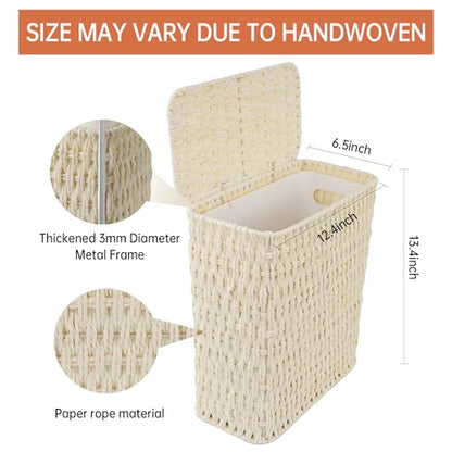 Coeusy 3 Gallon Paper Rope Bathroom Trash Can,Small Wicker Trash Cans with Lid and Liner,Woven Rattan Narrow Waste Basket for Bedroom,Office,White - color: White