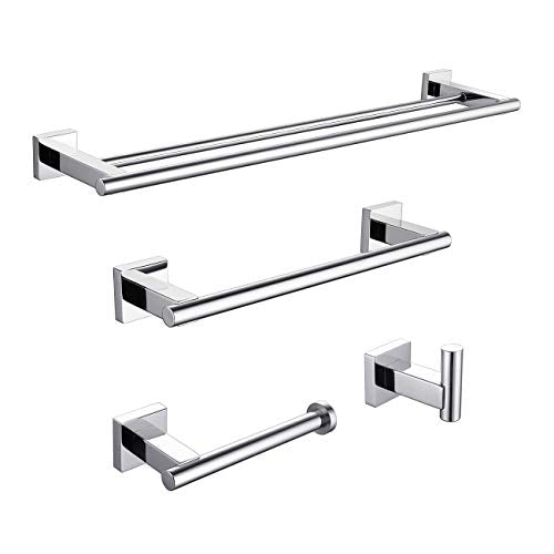 Miyili 4-Pieces Polished Stainless Steel Bathroom Hardware Set Wall Mounted - Includes Double Towel Bar, Hand Towel Rack, Toilet Paper Holder, Robe Hook, BS02C4 - color: Polished Steel