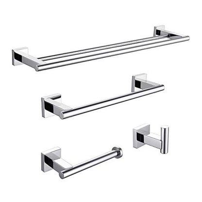 Miyili 4-Pieces Polished Stainless Steel Bathroom Hardware Set Wall Mounted - Includes Double Towel Bar, Hand Towel Rack, Toilet Paper Holder, Robe Hook, BS02C4 - color: Polished Steel