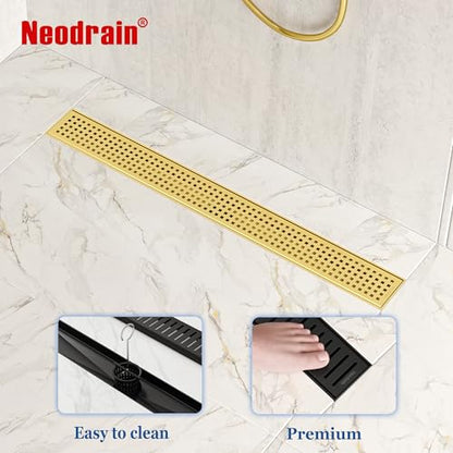 Neodrain 24" Linear Shower Drain, Gold 304 SS Bathroom Linear Drain,cUPC | Gold Shower Drain with Quadrato Grate& Adjustable Feet, Long Rectangle Shower Floor Drain in Bathroom, Balcony etc - color: Golden, size: 24 In