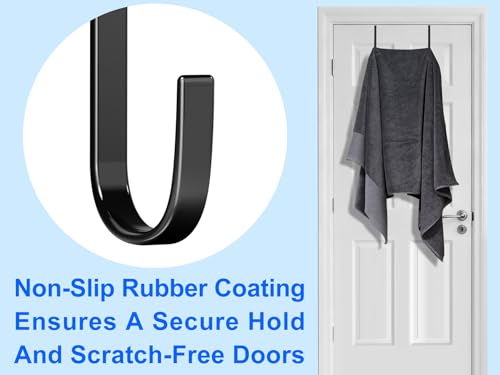 Single Over Door Steel Hooks 4 Pack Fit 1-3/8" Door 5.5" Black | Plastic Coated Rubber Feel Towel Rack Robe Coat Shoe Wreath Hanger No Damage No Scratch for Bathroom Heavy Duty Thin Top