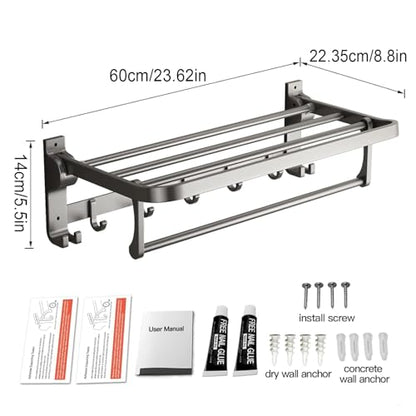 Mustorn Bathroom Towel Rack with Towel Bar and Hooks 23.6 in Foldable Towel Shelf Wall Mounted Lavatory Towel Organizer Modern Gray Finish - color: Matte Gray