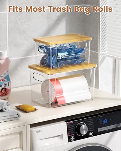 Trash Bag Dispenser 2 Pack, Stackable Trash Bag Holder with Bamboo Lid – Clear Plastic Garbage Bag Organizer for 4-33 Gal Bags, Space-Saving Under Sink Organizer for Kitchen, Laundry, Pantry - size: XL+S