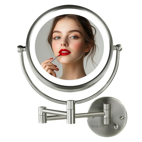 OVENTE Hardwired Wallmount Bathroom Mirror, Nickel Brushed MPWD3185BR1X7X | 9" Double Sided Lighted Makeup Mirror with 1X/7X Magnification, Dimmable LED Lights, 360° Rotation, Extendable Folding Arm - color: Nickel Brushed, size: 8.6"L x 8.6"W