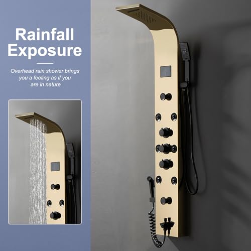 BWE Shower Panel Tower 304 Stainless Steel with 6 Body Jets and 2 Mist Sprays Polished Gold Rainfall Shower and Handheld Shower Shower System with Temperature Digital Display - color: Gold