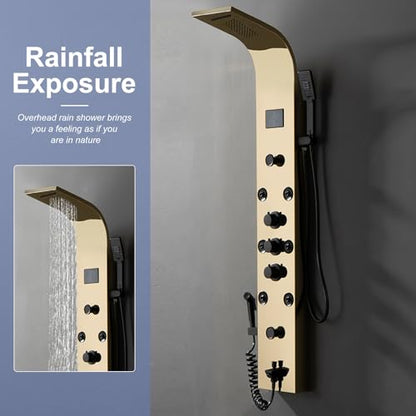 BWE Shower Panel Tower 304 Stainless Steel with 6 Body Jets and 2 Mist Sprays Polished Gold Rainfall Shower and Handheld Shower Shower System with Temperature Digital Display - color: Gold