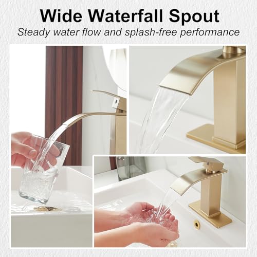 Bathroom Sink Faucet Waterfall Single Handle with Deck Plate | Brushed Gold,Pop Up Drain,Single Hole,Precise Water Adjustment,Rust-resistant Construction,Easy to Clean,Long-lasting Use - color: Brushed Gold, size: Modern Bathroom Sink Faucet