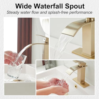 Bathroom Sink Faucet Waterfall Single Handle with Deck Plate | Brushed Gold,Pop Up Drain,Single Hole,Precise Water Adjustment,Rust-resistant Construction,Easy to Clean,Long-lasting Use - color: Brushed Gold, size: Modern Bathroom Sink Faucet