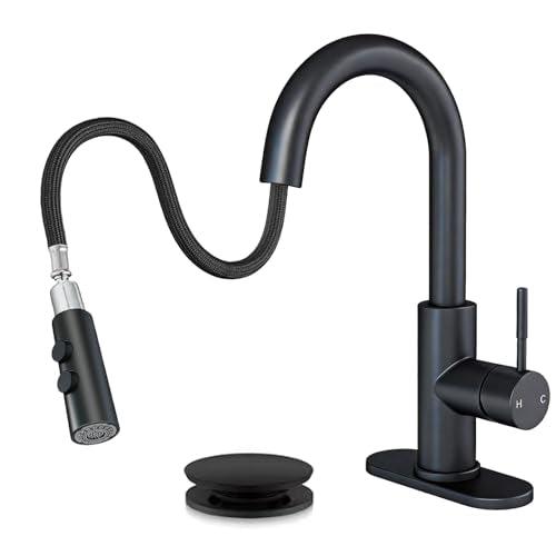 Bathroom Faucets with Pull Down Sprayer, Bar Sink Faucet Single Hole for Kitchen Campers with Pop-Up Drain Hose, Suitable for Farmhouse Vanity Lavatory - color: Matte Black, style: Pull Down