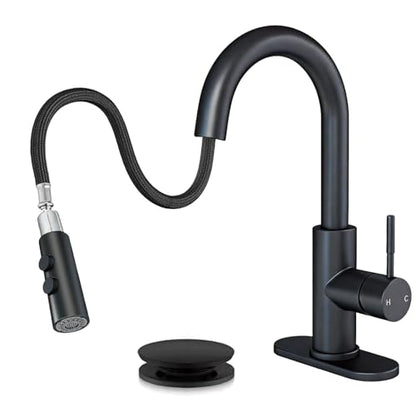 Bathroom Faucets with Pull Down Sprayer, Bar Sink Faucet Single Hole for Kitchen Campers with Pop-Up Drain Hose, Suitable for Farmhouse Vanity Lavatory - color: Matte Black, style: Pull Down