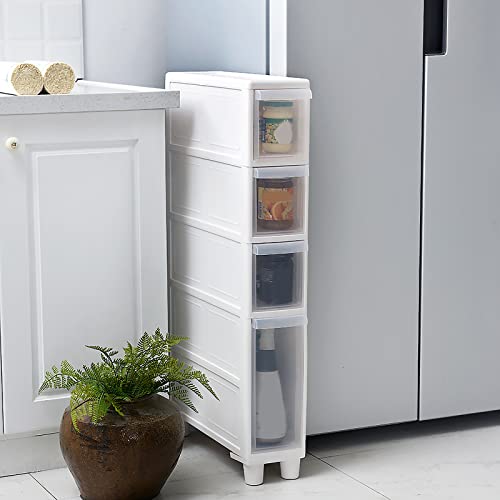 Narrow Tall Floor Cabinet for Bathroom, Vertical Storage Unit with 4 Clear Drawers and Casters, Slim Freestanding Narrow Dresser Tower Storage Drawer Cart, 14cm/22cm Width, Assembly Free