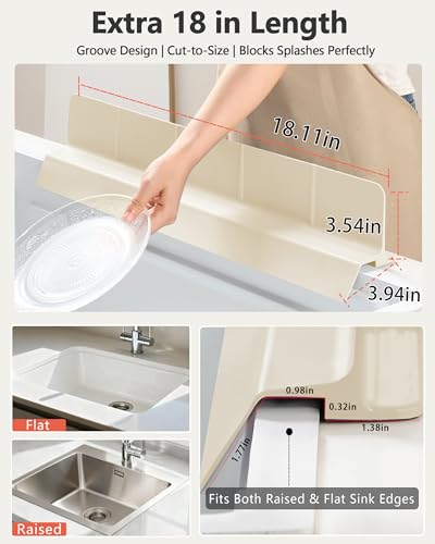 Kitchen Sink Splash Guard 18" 23" 30" Self-Draining Silicone Water Guard with High Splash Wall & Strong Suction Cups for Faucet, Countertop & Sink Edge, Keeps Sinks Dry, Dishwasher Safe,Cream - color: Cream, size: 18" x 3.5"