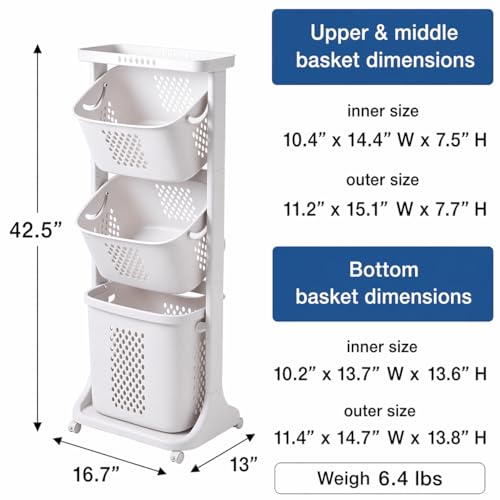 Japard 18 Gal Rolling Laundry Hamper Ultra Slim, Vertical 3 Sorter Cart with Wheels and Breaks, 3-tier Baskets Detachable for Dorm, Closet, Easy Assembly White Gray - size: 3 Tier