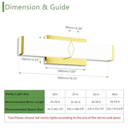 16 Inch Bathroom Vanity Light 2000LM, AC 120V 5CCT Modern Bathroom Lighting Fixtures Over Mirror Dimmable, 20W Gold LED Vanity Lighting Fixtures Wall Sconce ETL Certified, 1Pack - color: Gold-5CCT, size: 16 INCH