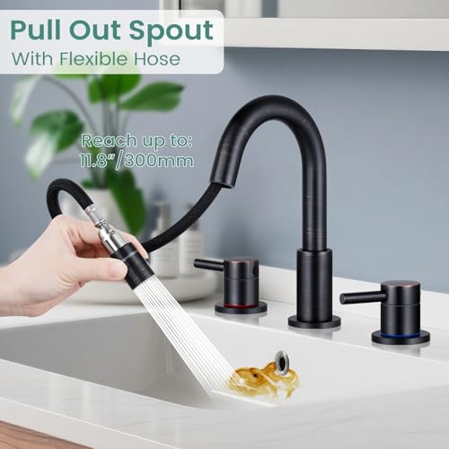 Bathroom Faucet 3 Hole with Pull Down Sprayer, Oil Rubbed Bronze | Lead-free stainless steel, pop-up drain, 2-handle, 360°swivel, 8-inch widespread Faucet for RV/vanity sink, 3-hole mount - color: 2-Oil Rubbed Bronze, style: 8 Inch Pull Down