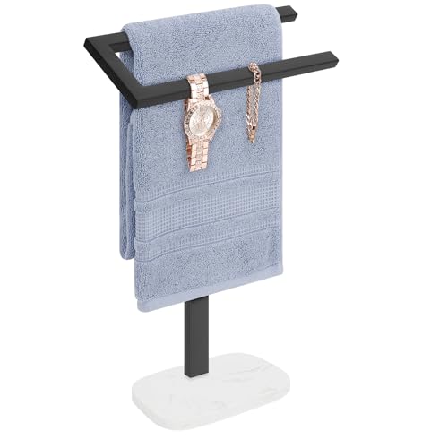 Livabber Standing Hand Towel Holder, 304 Stainless Steel Hand Towel Rack Stand with Heavy Marble Base, Bath Accessories, Towel Ring for Bathroom Kitchen Countertop, 14 Inch (Black) - color: Black