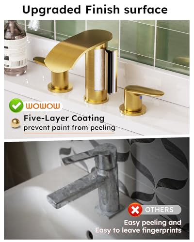 WOWOW Waterfall Bathroom Faucet 3 Holes 8Inch Widespread Bathroom Sink Faucet, Two Handles Lavatory Vanity Sink Faucets with Pop-up Drain & Supply Hoses, Modern Faucet Mixer Taps Gold - color: Gold