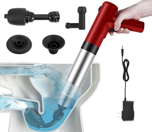 Electric Toilet Plunger High Pressure Electric Air Drain Blaster Gun with Visual Barometer，Air Power Plunger for Bathroom,Kitchen Bathtub Toilet Floor Drain Clogged Pipe - color: Red