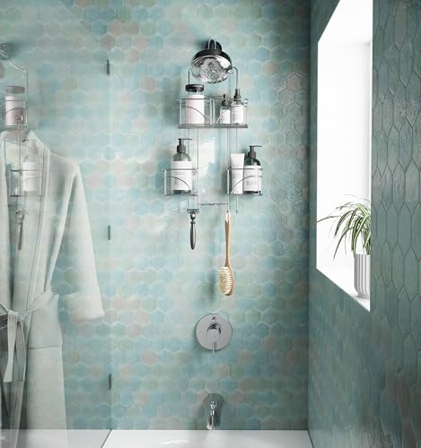 Zenna Home Shower Caddy Hanging Bathroom Organizer, Steel Shower Shelves with 4 Sliding Baskets and Built in Hooks, Accomodates Hose for Handheld Shower Head Storage System, Chrome - color: Chrome