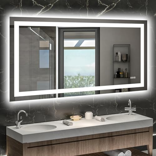 Hivone 55"X30" LED Bathroom Mirror with Lights, Anti-Fog, Dimmable, Backlit + Front Lit, Smart Bathroom Vanity Mirror, Memory Function, Shatterproof, Tempered Glass (Horizontal/Vertical) - size: 55"L x 30"W