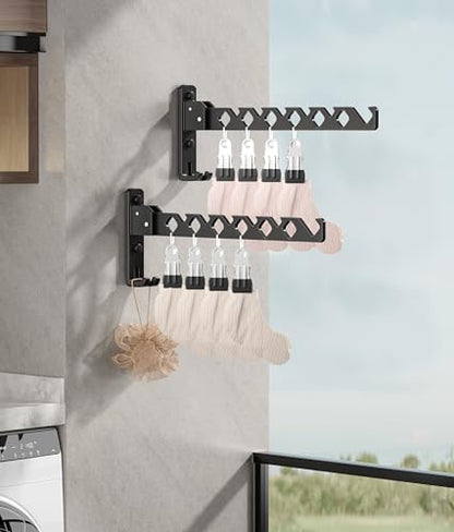 Wall Mount Coat Hanger Holder Black Clothes Drying Organizer Rack Garment Hooks Aluminium Retractable Folding Indoor Wall Mounted Hanger Space Saver for Laundry Room Bedroom Black 2 Pack with 8 Hooks - color: Black 2racks with Hooks