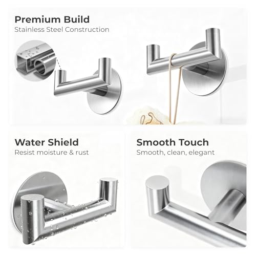 2 Pack Brushed Nickel Bathroom Hooks for Towels, Robes, Coats, Shower Use | Self-Adhesive, Stainless Steel, Rust Resistant, Double hooks, Easy Install, Space Saving - color: Silver