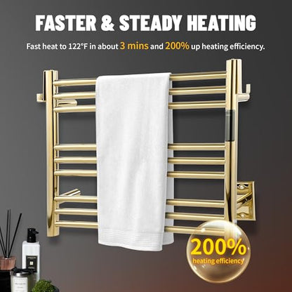 K&KALONZO Wall-Mounted 9-Bar Heated Towel Rack, Fast Heat in 2 Min, NTC Safety | 4 Timers & 3 Heat Levels Control, Plug-In/Hardwired, Top Hooks, Memory Function, Anti-Scald, Stainless Steel, EL13ST - color: Polished Gold, size: H 19.7 x W 23.6